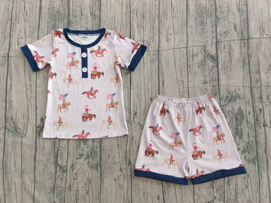 2.11 BSSO1497 Sample No Moq Summer Baby Boys Hot Blue Button Horse Rodeos Flags Top Short 4th Of July Pajamas Set
