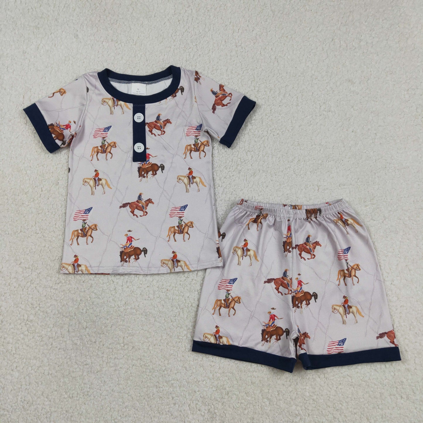 3.17 RTS NO MOQ （In stock）BSSO1497 Fashion Clothing For Baby Boys Colorful Horse Rodeos Flags Button Top Short 4th Of July Pajamas Set