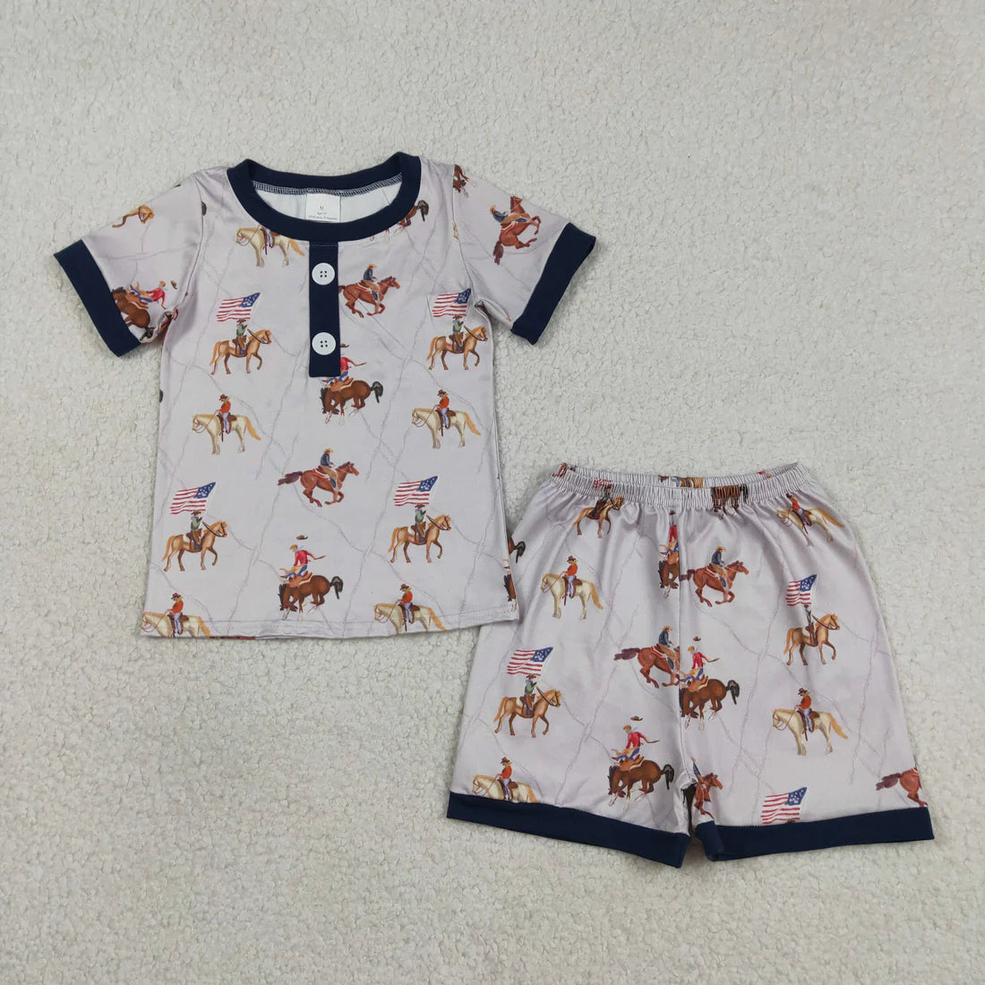 3.26 RTS Sibling Baby Boys Flags Horses Cow Print Button Shirts Top Shorts 4th of July Pajamas Set