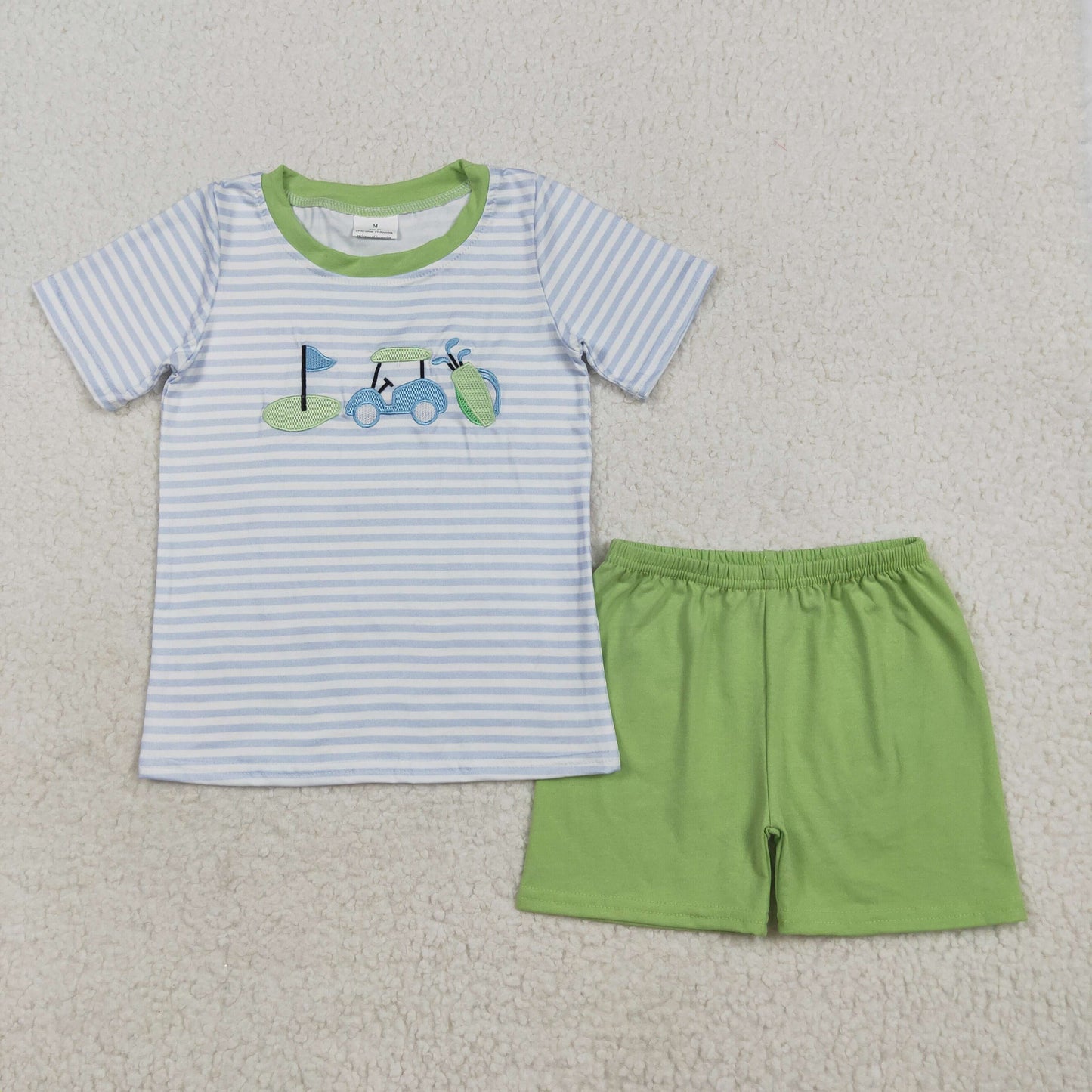 RTS NO MOQ （In stock）BSSO1504 Baby Boys Summer Boys Outfits Baby Boys Blue Stripe Short Sleeves Golf Top Green Short Sets