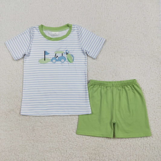 RTS NO MOQ （In stock）BSSO1504 Baby Boys Summer Boys Outfits Baby Boys Blue Stripe Short Sleeves Golf Top Green Short Sets