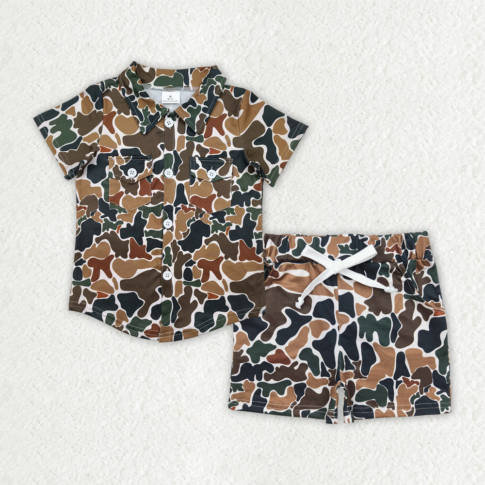 7.17   BSSO1512 RTS NO MOQ Baby Boys Summer Boys Outfits Baby Boys Brown Camouflage Button Pockets Shirts Top Shorts Sets