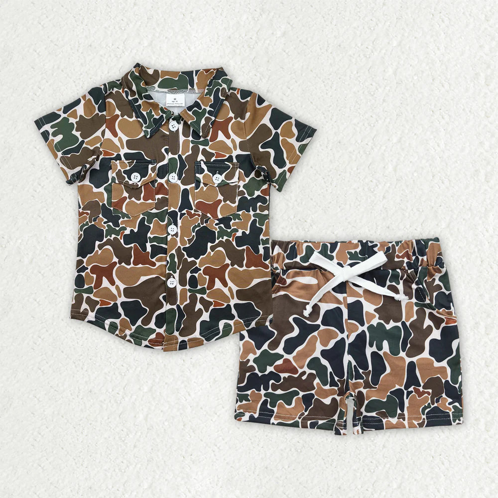 12.8 RTS Sibling Baby Boys Southern Camo Button Pockets Shirts Top Short Clothes Set