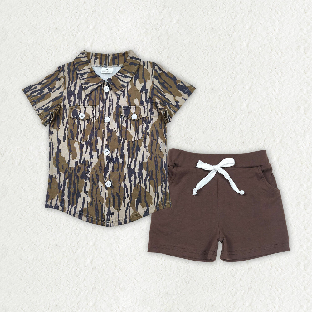 7.17   BSSO1514 RTS NO MOQ Baby Boys Summer Boys Outfits Baby Boys Bottomland Camo Button Pockets Shirts Top Brown Cotton Shorts Sets
