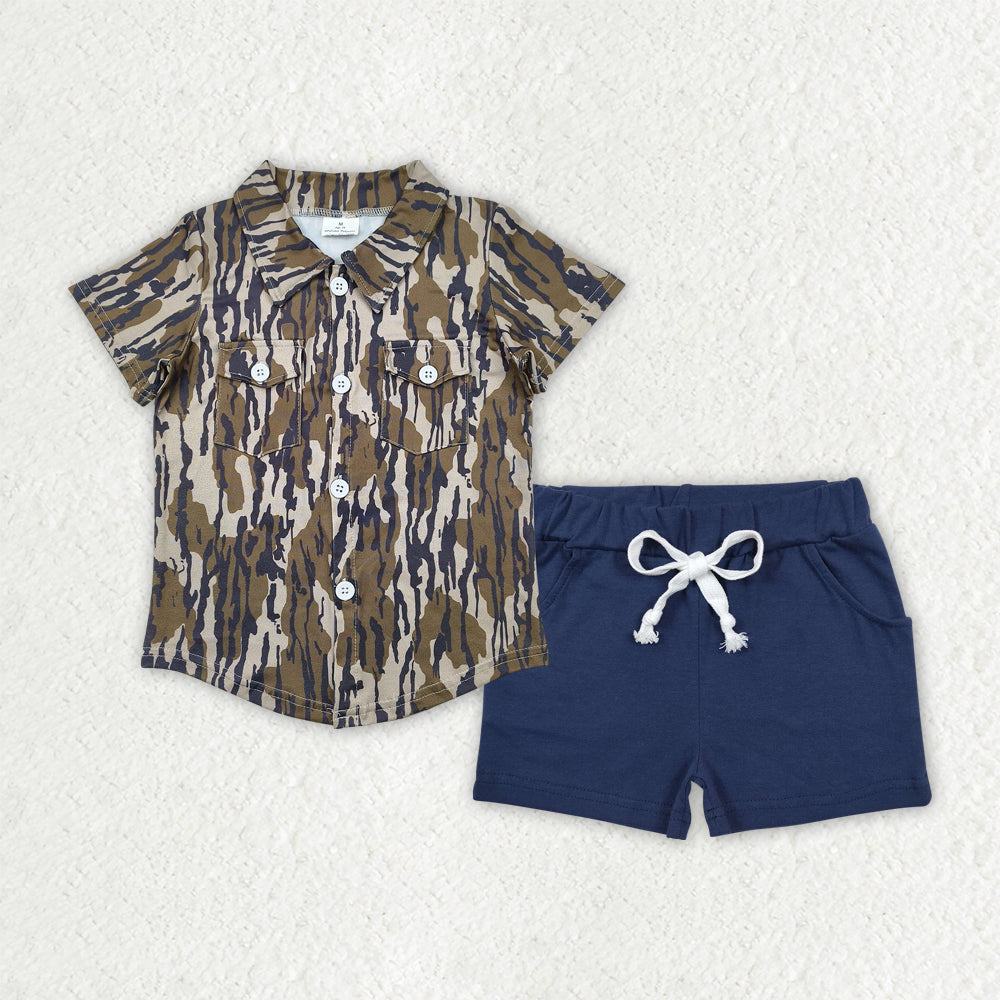 7.17  BSSO1515 RTS NO MOQ Baby Boys Summer Boys Outfits Baby Boys Bottomland Camo Button Pockets Shirts Top Navy Cotton Shorts Sets