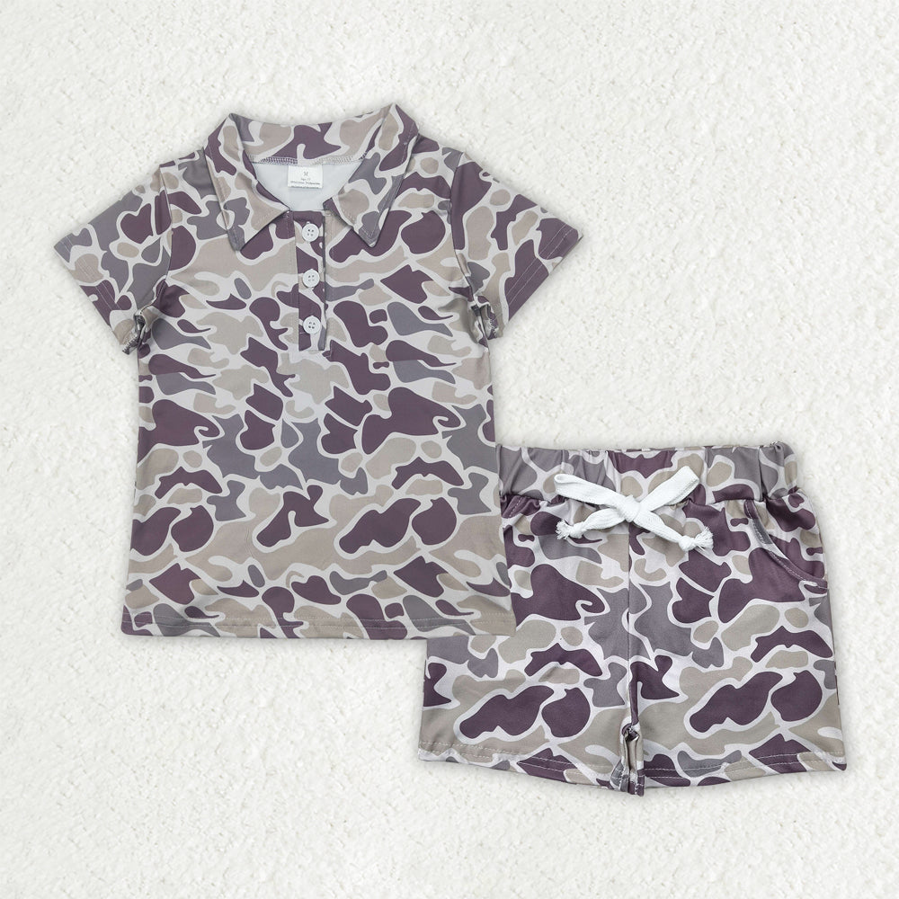 7.03 BSSO1521 RTS NO MOQ Baby Boys Summer Boys Outfits Baby Boys Gray Camouflage Button Polo Shirts Top Pockets Shorts Sets