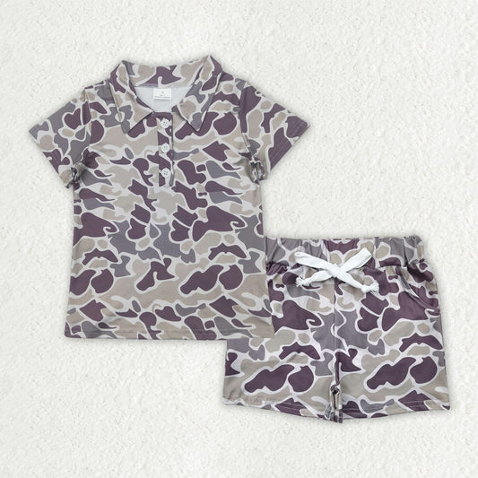 7.03 BSSO1521 RTS NO MOQ Baby Boys Summer Boys Outfits Baby Boys Gray Camouflage Button Polo Shirts Top Pockets Shorts Sets