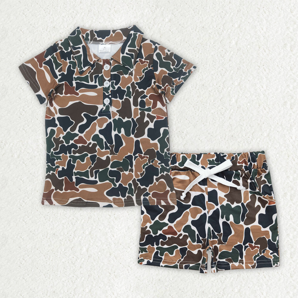 8.01  BSSO1522 RTS NO MOQ Baby Boys Summer Boys Outfits Baby Boys Brown Camouflage Button Polo Shirts Top Pockets Shorts Sets