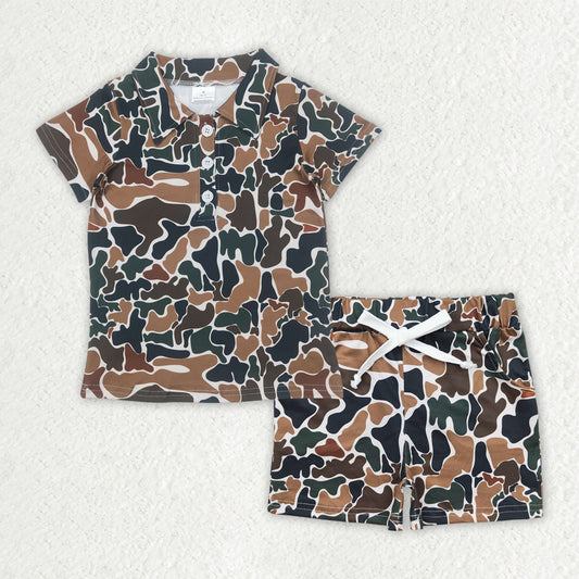 8.01  BSSO1522 RTS NO MOQ Baby Boys Summer Boys Outfits Baby Boys Brown Camouflage Button Polo Shirts Top Pockets Shorts Sets