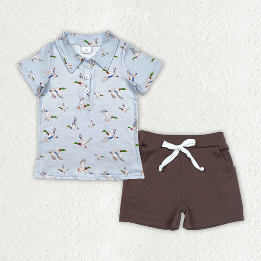 8.01  BSSO1524 RTS NO MOQ Baby Boys Summer Boys Outfits Baby Boys Blue Ducks Button Polo Shirts Top Brown Pockets Shorts Sets