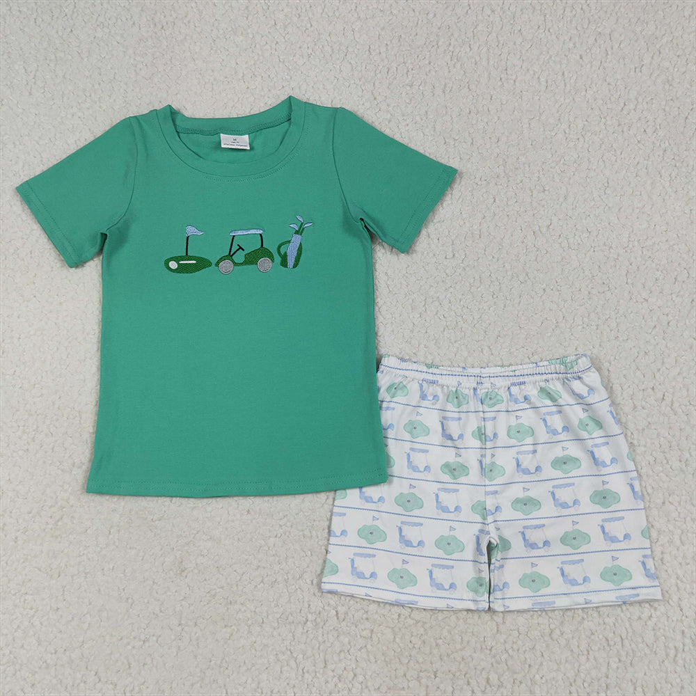 8.14 RTS NO MOQ （In stock） BSSO1540 Baby Boys Summer Boys Outfits Embroidery Baby Boys Green Short Sleeves Golf Truck Top Short Set