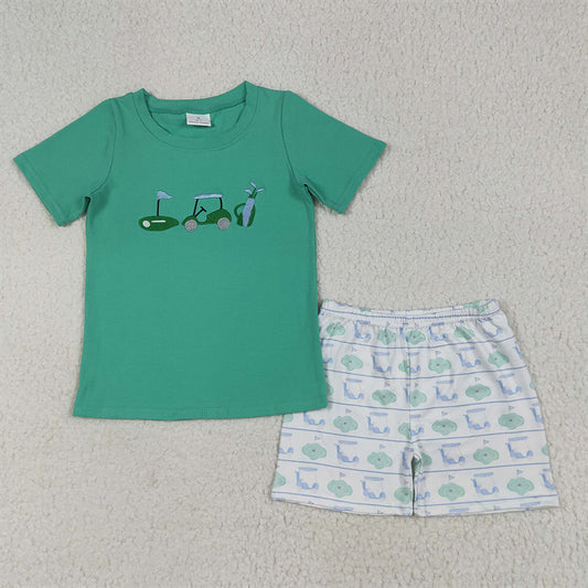 8.14 RTS NO MOQ （In stock） BSSO1540 Baby Boys Summer Boys Outfits Embroidery Baby Boys Green Short Sleeves Golf Truck Top Short Set