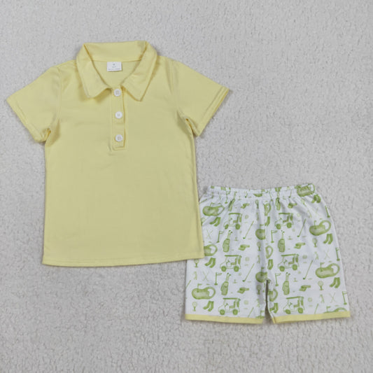 RTS NO MOQ （In stock）BSSO1546 Baby Boys Summer Boys Outfits Baby Boys Yellow Button Pullovers Top Golf Short Clothes Set