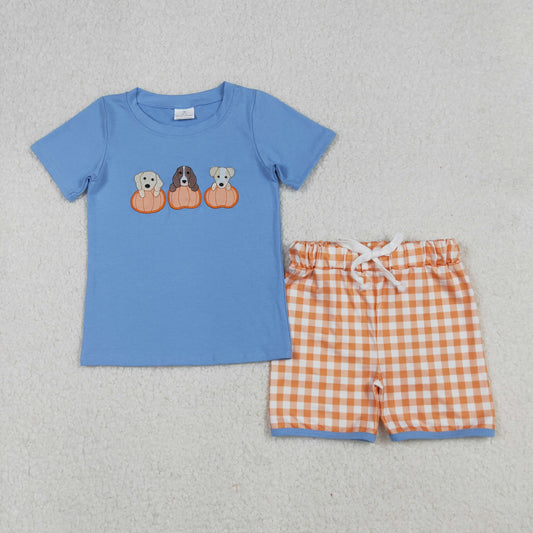 RTS NO MOQ （In stock）BSSO1547  Baby Boys Summer Boys Outfits Embroidery Dogs Pumpkins Top Shorts Fall Clothes Sets