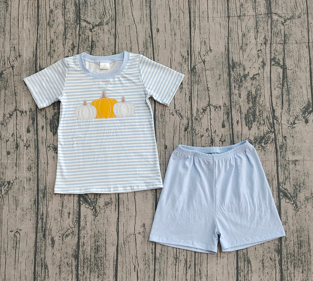 10.3 BSSO1548 Sample No Moq Baby Boys Blue Stripes Pumpkins Top Shorts Fall Clothes Set