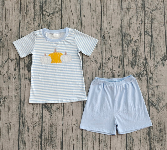 10.3 BSSO1548 Sample No Moq Baby Boys Blue Stripes Pumpkins Top Shorts Fall Clothes Set