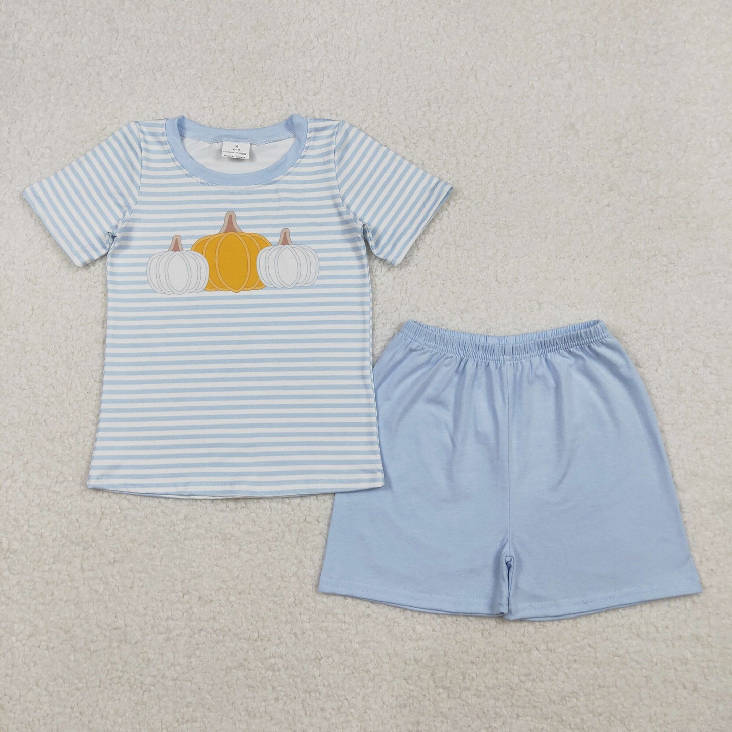 10.14 RTS NO MOQ （In stock）BSSO1548 Baby Boys Winter Outfits Baby Boys Blue Stripes Pumpkins Top Shorts Fall Clothes Set