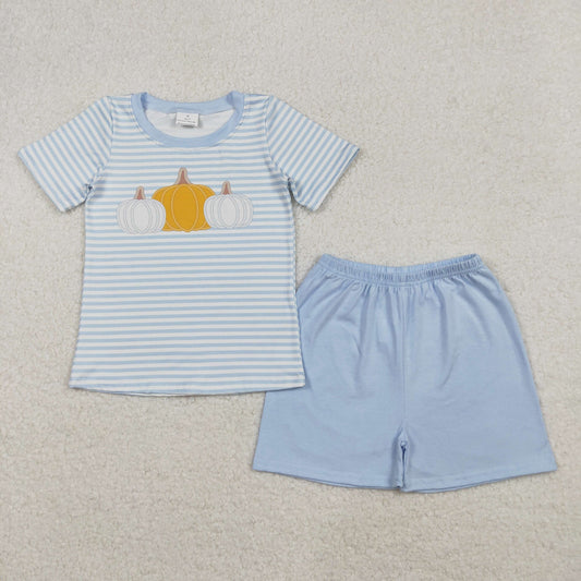 10.14 RTS NO MOQ （In stock）BSSO1548 Baby Boys Winter Outfits Baby Boys Blue Stripes Pumpkins Top Shorts Fall Clothes Set