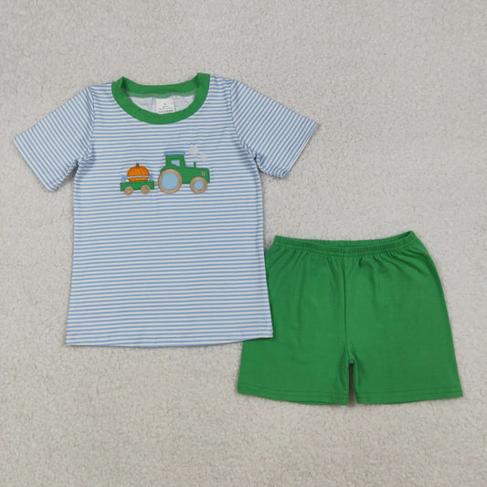 RTS NO MOQ （In stock）BSSO1549 Baby Boys Summer Boys Outfits Blue Stripe Truck Pumpkin Top Shorts Fall Clothes Sets
