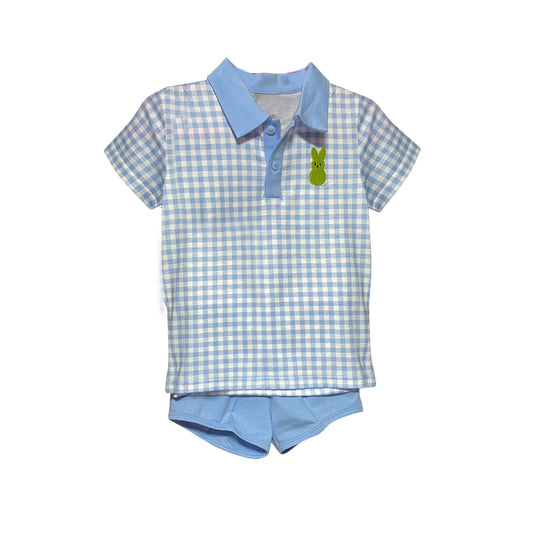 9.23 BSSO1551 Baby Boys Blue Checked Button Rabbit Top Shorts Easter Clothes Sets Preorder