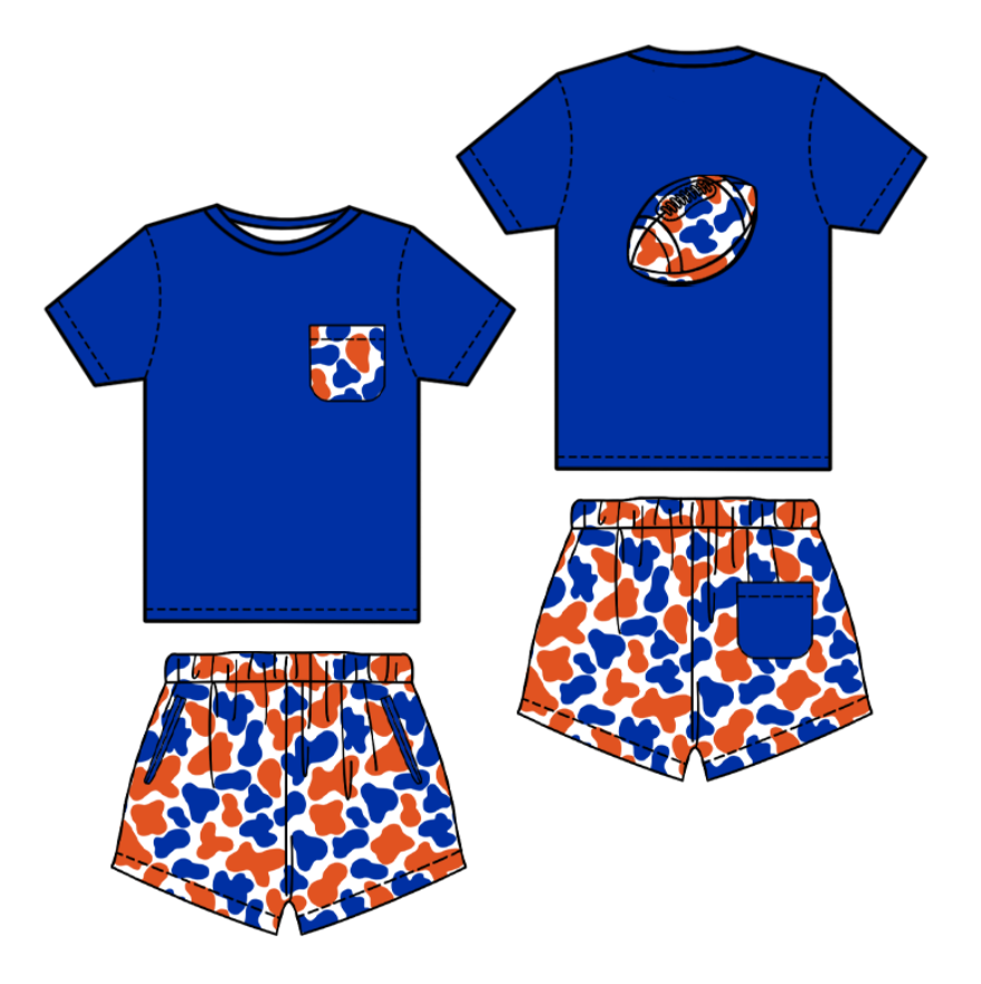 10.3 BSSO1555 Pre order No Moq Baby Boys Blue Orange Camo Pockets Back Football Shorts Team Clothes Sets