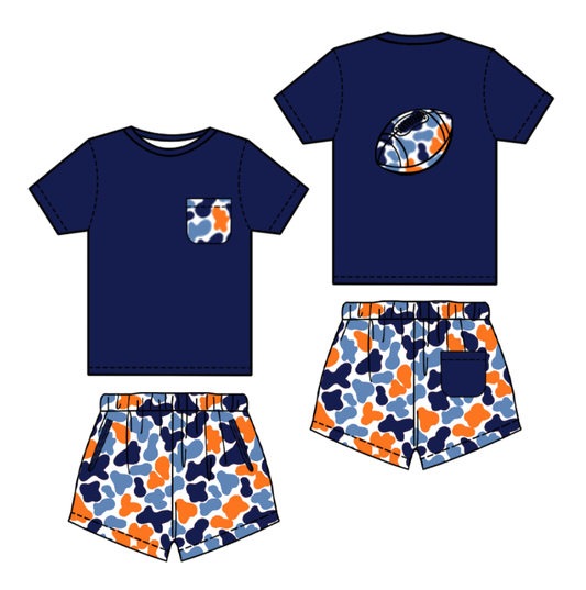 10.3 BSSO1556 Pre order No Moq Baby Boys Navy Orange Camo Pockets Back Football Shorts Team Clothes Sets