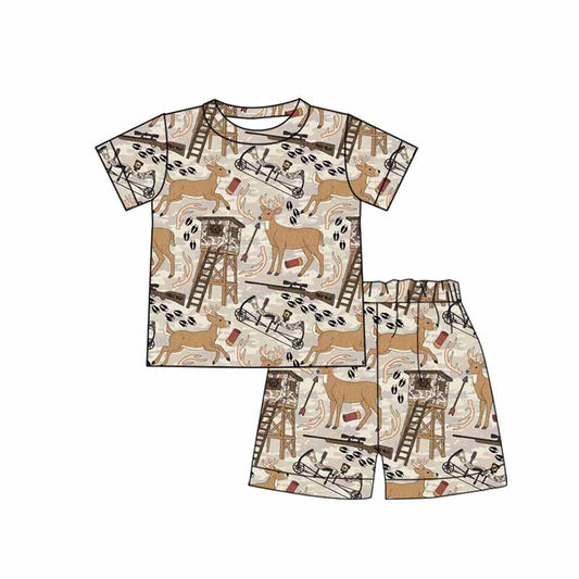 10.3 BSSO1559 Pre order No Moq Baby Boys Khaki Short Sleeve Deer Top Shorts Hunting Pajamas Sets