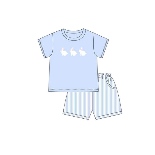 10.3 BSSO1560 Pre order No Moq Baby Boys Blue Short Sleeve Rabbits Top Stripe Pockets Shorts Easter Clothes Sets