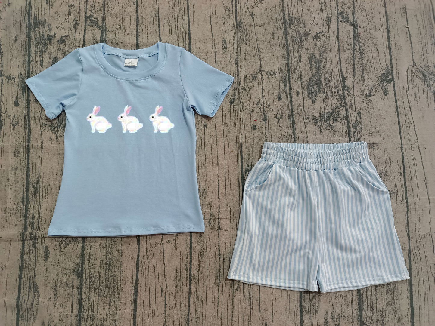 1.5 BSSO1560 Sample No Moq Embroidery Rabbits Baby Boys Blue Top Stripe Pockets Shorts Easter Clothes Sets