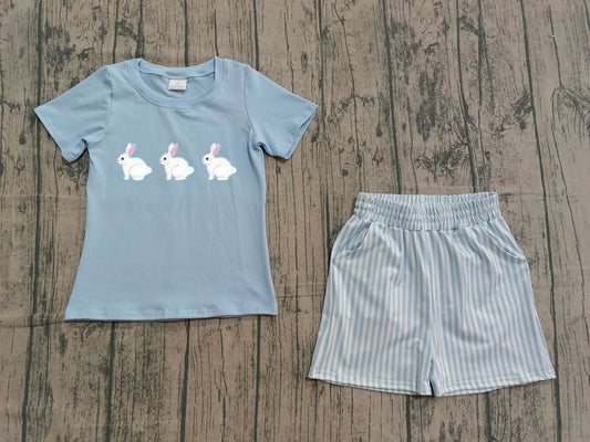 1.5 BSSO1560 Sample No Moq Embroidery Rabbits Baby Boys Blue Top Stripe Pockets Shorts Easter Clothes Sets