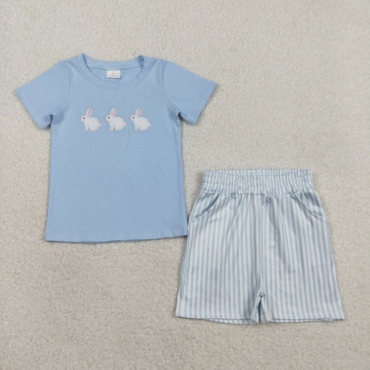 1.31 RTS NO MOQ （In stock）BSSO1560 Embroidery Rabbits Baby Boys Top Stripe Pockets Shorts Easter Clothes Sets
