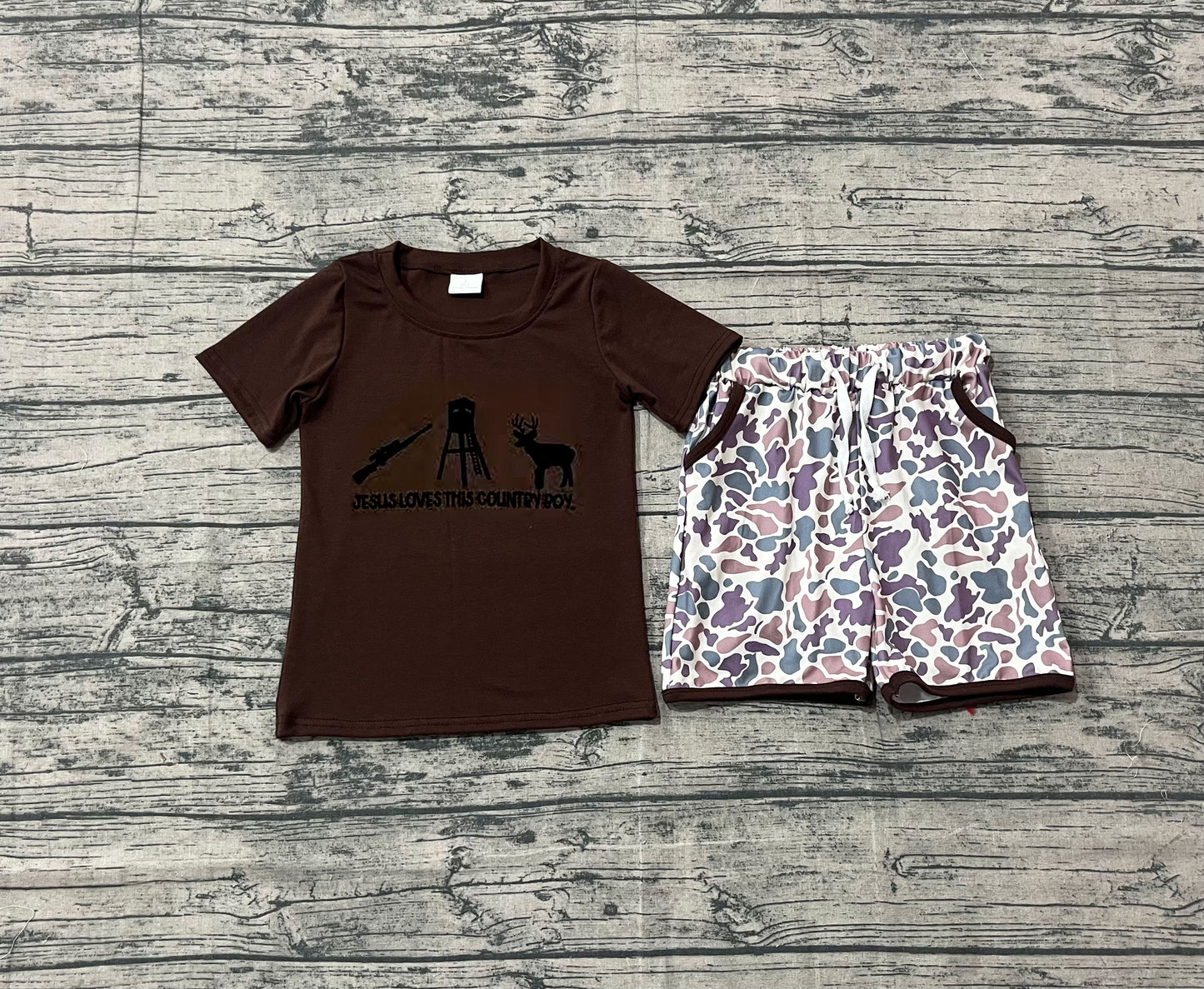 10.4 BSSO1562 Sample No Moq Embroidery Jesus Love Me Deer Baby Boys Top Camo Pockets Shorts Hunting Clothes Sets