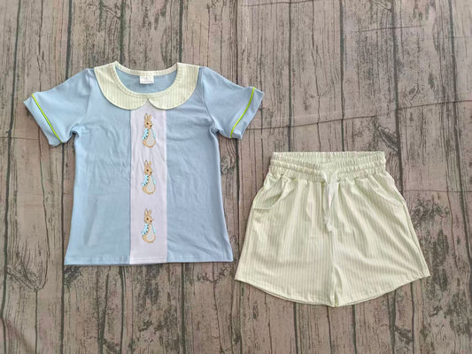 2.11 BSSO1564 Sample No Moq Summer Embroidery Rabbits Baby Boys Collar Top Stripe Pockets Shorts Easter Clothes Sets