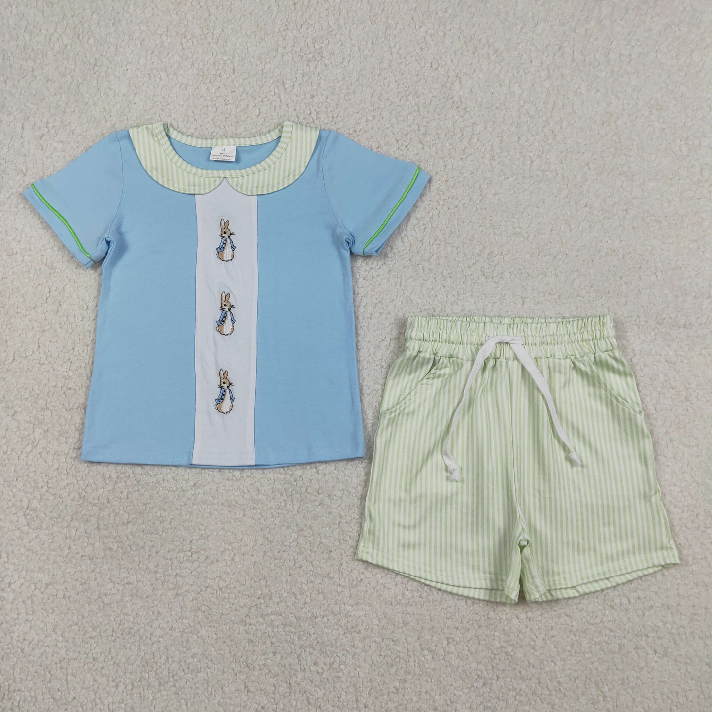 3.27 BSSO1564 RTS NO MOQ （In stock ）sky blue rabbit kids boys short sleeve Easter set