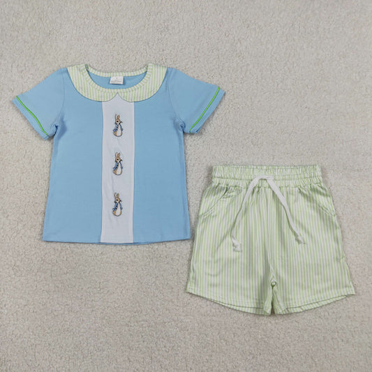3.27 BSSO1564 RTS NO MOQ （In stock ）sky blue rabbit kids boys short sleeve Easter set
