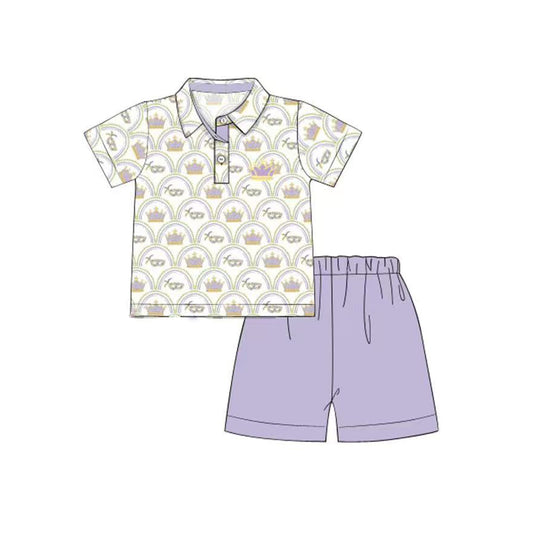 10.11 BSSO1565 Pre order No Moq Baby Boys Mardigras Crowns Masks Checked Button Top Shorts Clothes Sets