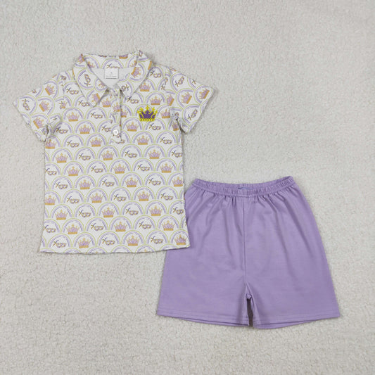 12.23 RTS NO MOQ （In stock）BSSO1565 Embroidery Crowns Baby Boys Mardigras Checked Button Polo Top Shorts Clothes Sets