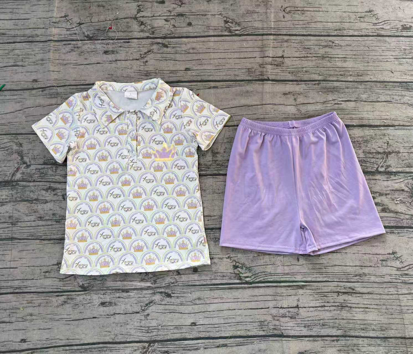 11.14 BSSO1565 Sample No Moq Embroidery Crowns Baby Boys Mardigras Masks Checked Button Top Shorts Clothes Sets