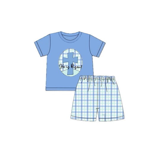 10.11 BSSO1566 Pre order No Moq Baby Boys Blue Cross Top Checked Shorts Easter Clothes Sets