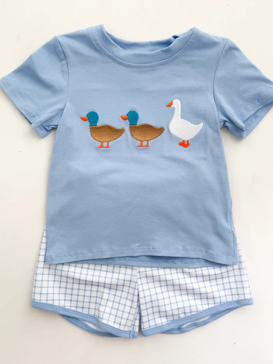 10.11 BSSO1567 Pre order No Moq Baby Boys Ducks Goose Top Checked Shorts Clothes Sets