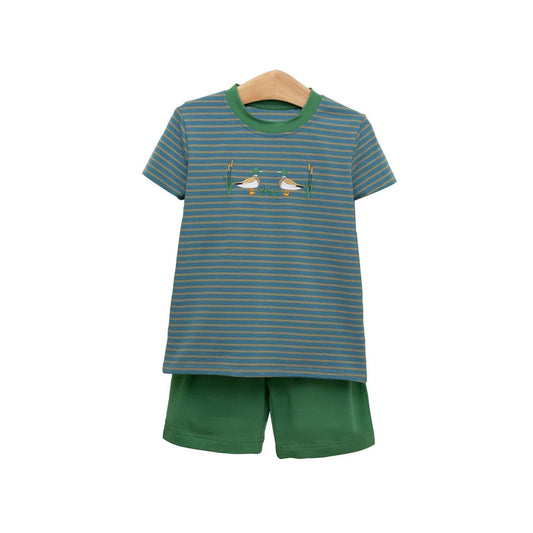 10.11 BSSO1568 Pre order No Moq Baby Boys Green Stripe Ducks Top Shorts Clothes Sets