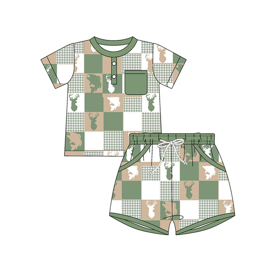 10.16 BSSO1573 Pre order No Moq Baby Boys Deer Fishes Checked Button Top Pocket Shorts Hunting Clothes Sets