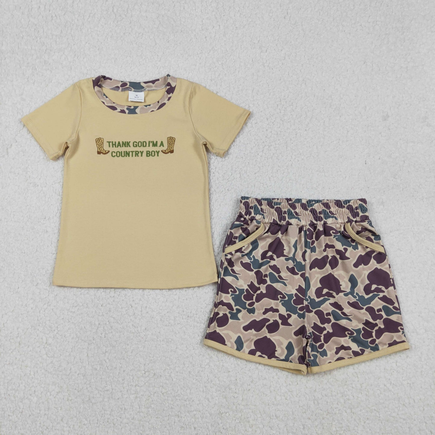 12.10 RTS NO MOQ （In stock）BSSO1577 Embroidery Country Boy Boots Top Camo Pockets Shorts Western Clothes Sets