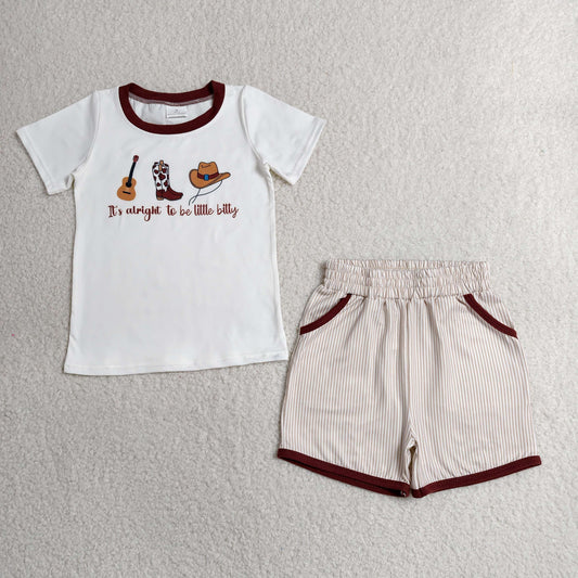 BSSO1578 RTS NO MOQ （In stock)）Baby Boys Boots Hat Guitar Top Stripe Pockets Shorts Western Clothes Sets