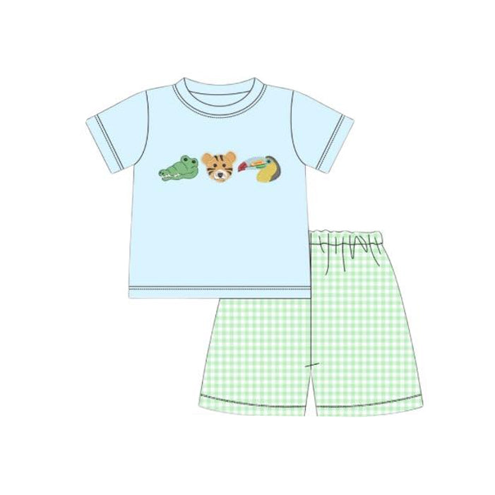 10.21 BSSO1581 Pre order No Moq Baby Boys Crocodile Tigers Top Checked Shorts Clothes Sets