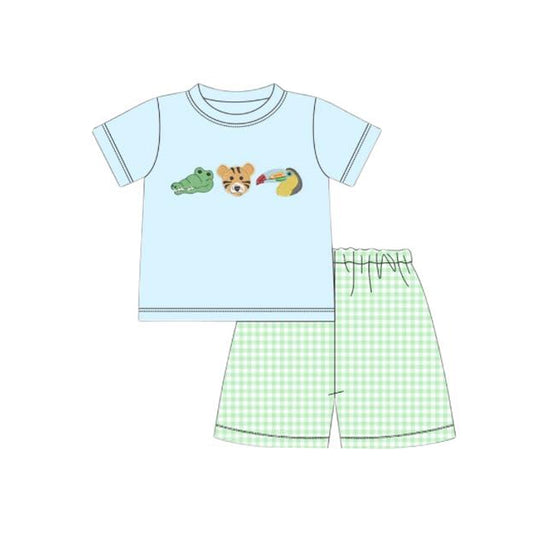 10.21 BSSO1581 Pre order No Moq Baby Boys Crocodile Tigers Top Checked Shorts Clothes Sets