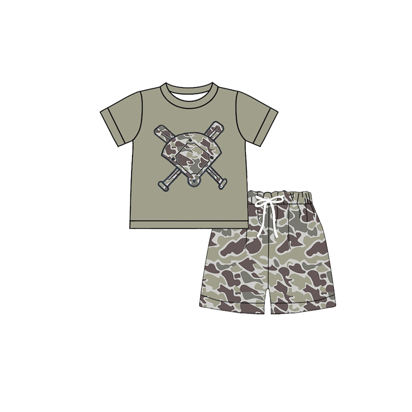 10.21 BSSO1585 Pre order No Moq Baby Girls Dark Grey Camo Baseball Top Shorts Team Clothes Sets