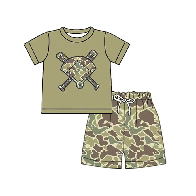10.21 BSSO1586 Pre order No Moq Baby Girls Green Camo Baseball Top Shorts Team Clothes Sets
