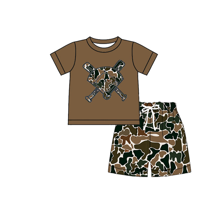 10.21 BSSO1588 Pre order No Moq Baby Girls Dark Brown Camo Baseball Top Shorts Team Clothes Sets