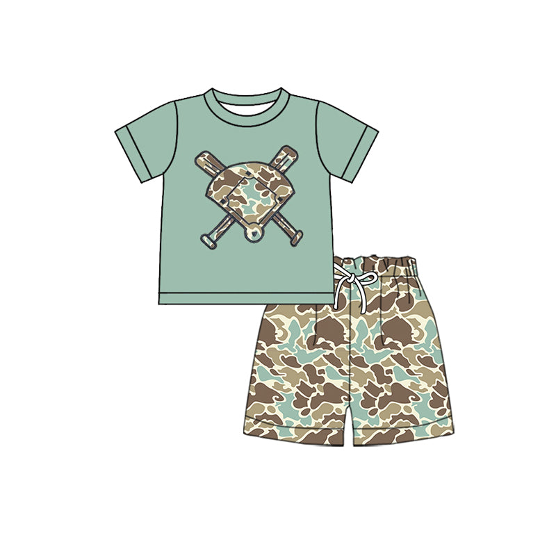 10.22 BSSO1590 Pre order No Moq Baby Girls Green Camo Baseball Top Shorts Team Clothes Sets